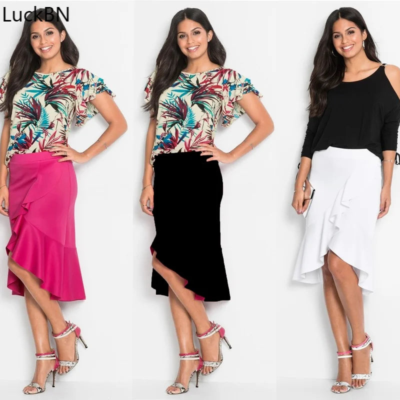 Summer New Women s Long Skirt High Waist Irregular Ruffle Fishtail Skirt Ladies Solid Color Skirt S-2XL Sexy Skirt for Sex