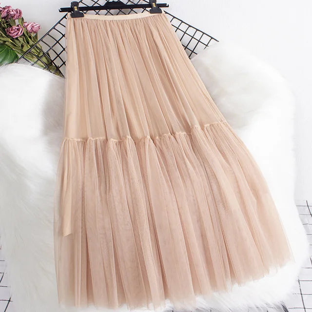 Pleated Mesh Mid-length Yarn Skirt For Women Elastic Waist Layers Solid Color Female Elegant Clothing Autumn 2R7300