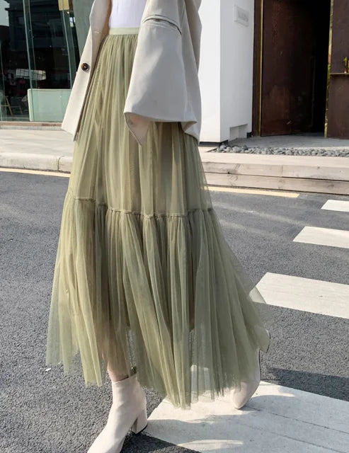 Pleated Mesh Mid-length Yarn Skirt For Women Elastic Waist Layers Solid Color Female Elegant Clothing Autumn 2R7300