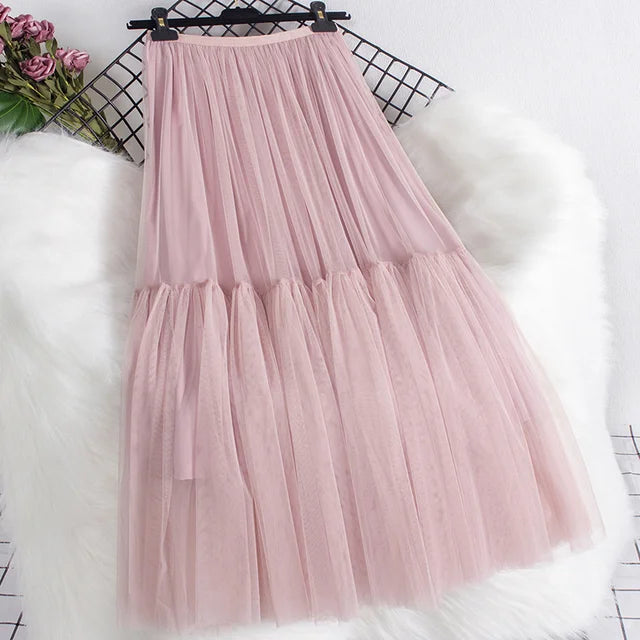 Pleated Mesh Mid-length Yarn Skirt For Women Elastic Waist Layers Solid Color Female Elegant Clothing Autumn 2R7300