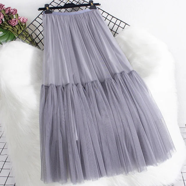 Pleated Mesh Mid-length Yarn Skirt For Women Elastic Waist Layers Solid Color Female Elegant Clothing Autumn 2R7300