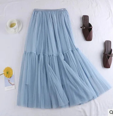 Pleated Mesh Mid-length Yarn Skirt For Women Elastic Waist Layers Solid Color Female Elegant Clothing Autumn 2R7300