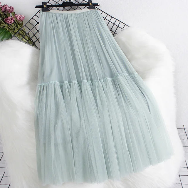 Pleated Mesh Mid-length Yarn Skirt For Women Elastic Waist Layers Solid Color Female Elegant Clothing Autumn 2R7300