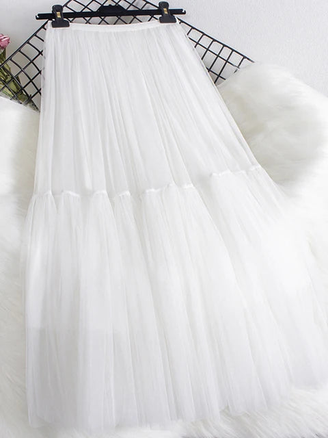 Pleated Mesh Mid-length Yarn Skirt For Women Elastic Waist Layers Solid Color Female Elegant Clothing Autumn 2R7300