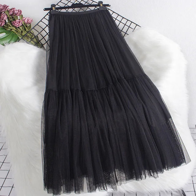 Pleated Mesh Mid-length Yarn Skirt For Women Elastic Waist Layers Solid Color Female Elegant Clothing Autumn 2R7300