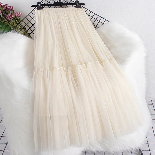 Pleated Mesh Mid-length Yarn Skirt For Women Elastic Waist Layers Solid Color Female Elegant Clothing Autumn 2R7300