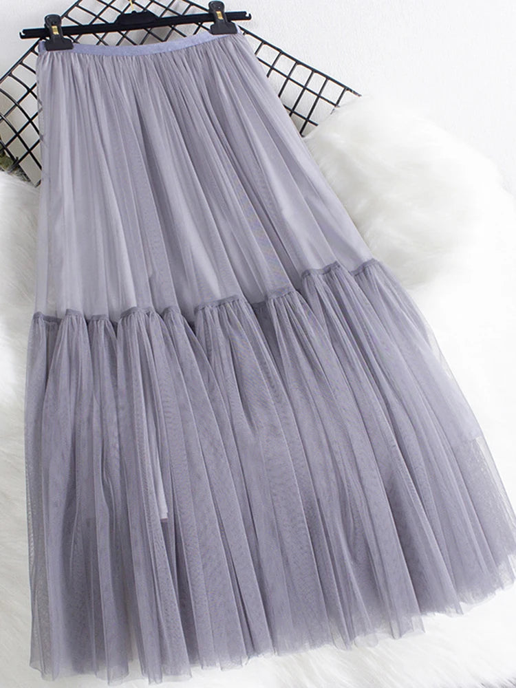Pleated Mesh Mid-length Yarn Skirt For Women Elastic Waist Layers Solid Color Female Elegant Clothing Autumn 2R7300