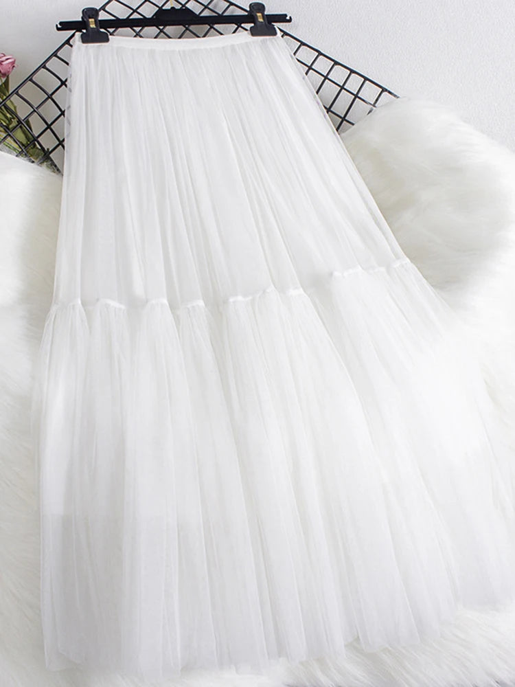 Pleated Mesh Mid-length Yarn Skirt For Women Elastic Waist Layers Solid Color Female Elegant Clothing Autumn 2R7300