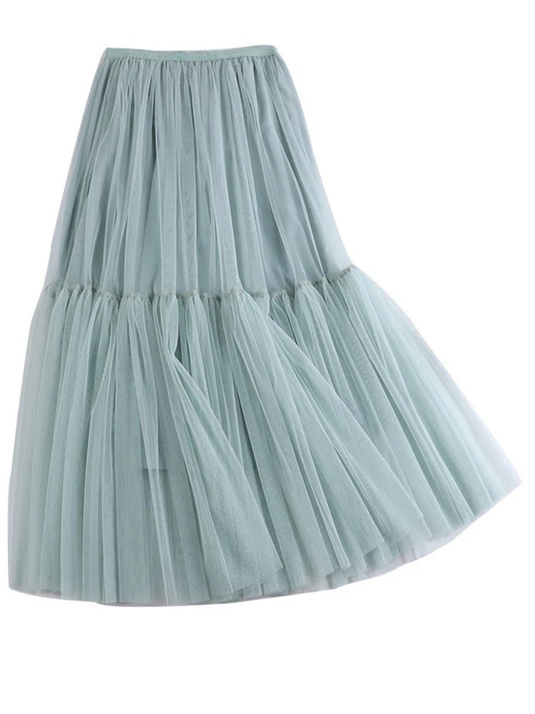 Pleated Mesh Mid-length Yarn Skirt For Women Elastic Waist Layers Solid Color Female Elegant Clothing Autumn 2R7300