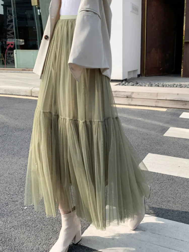 Pleated Mesh Mid-length Yarn Skirt For Women Elastic Waist Layers Solid Color Female Elegant Clothing Autumn 2R7300