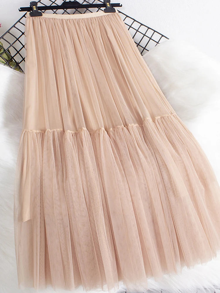 Pleated Mesh Mid-length Yarn Skirt For Women Elastic Waist Layers Solid Color Female Elegant Clothing Autumn 2R7300
