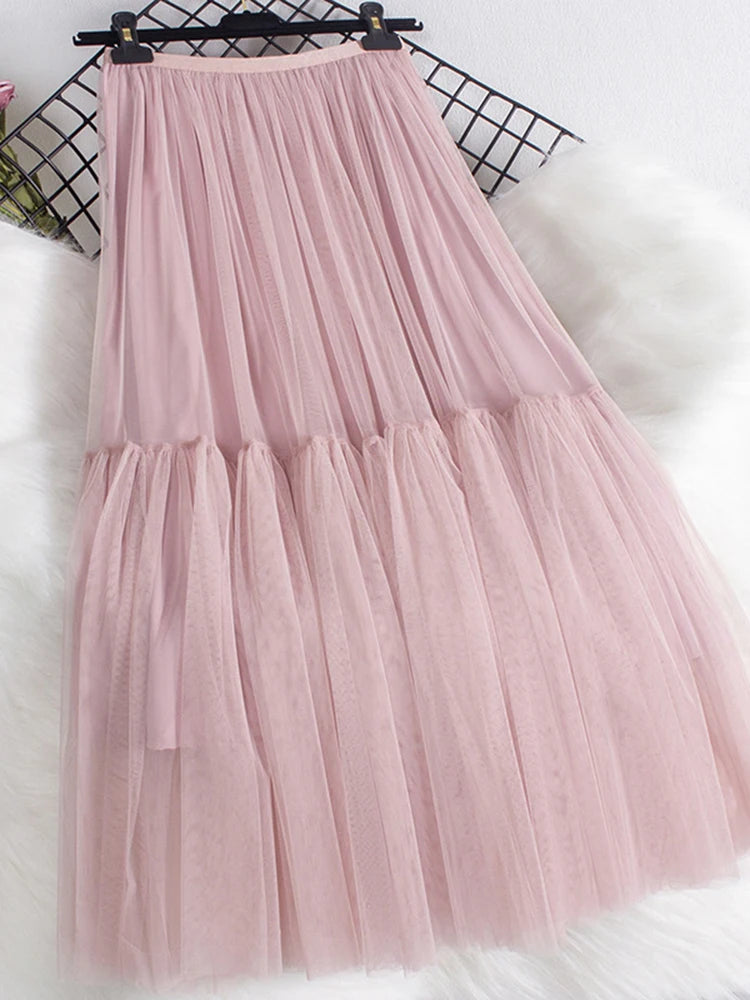 Pleated Mesh Mid-length Yarn Skirt For Women Elastic Waist Layers Solid Color Female Elegant Clothing Autumn 2R7300