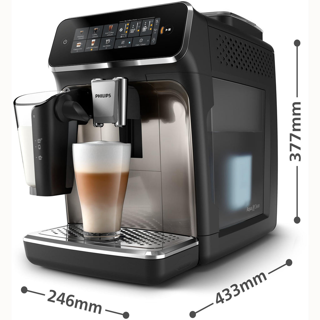Philips Series 3300 Kaffeevollautomat EP3347/90, 6 Getränke (heiß oder eisgekühlt) LatteGo-Milchsystem, SilentBrew Technologie, Chrom-Schwarz