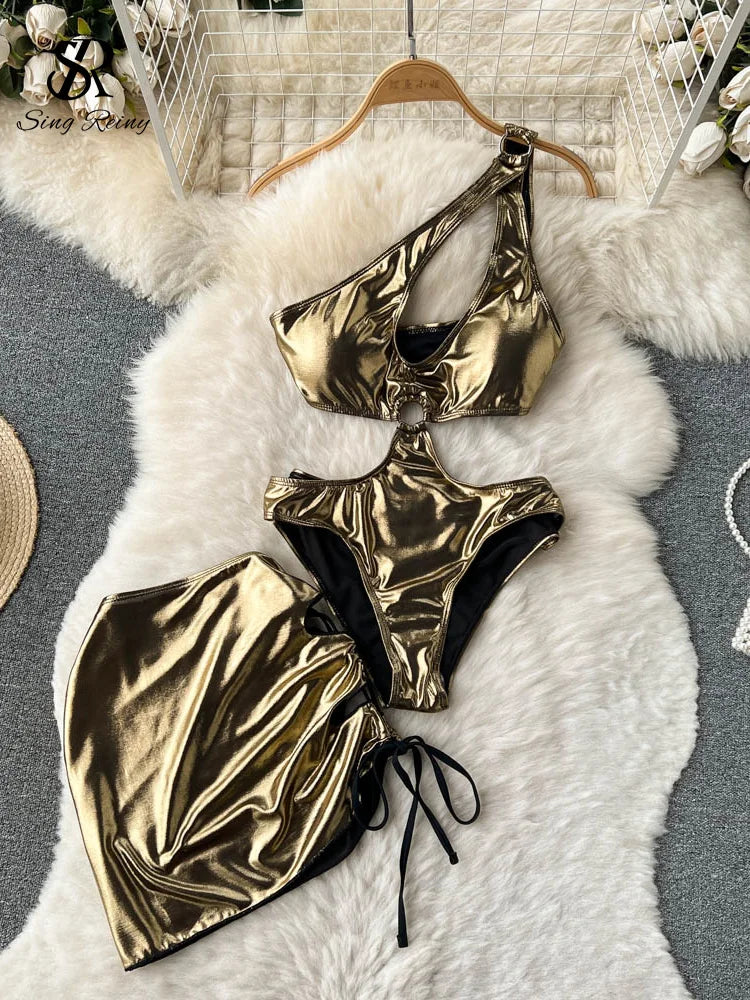 Hollow Out Sexy Women Sets Off Shoulder Halter Bodysuits+Drawstring Sheath Mini Skirt Fashion Summer Two Pieces Suits