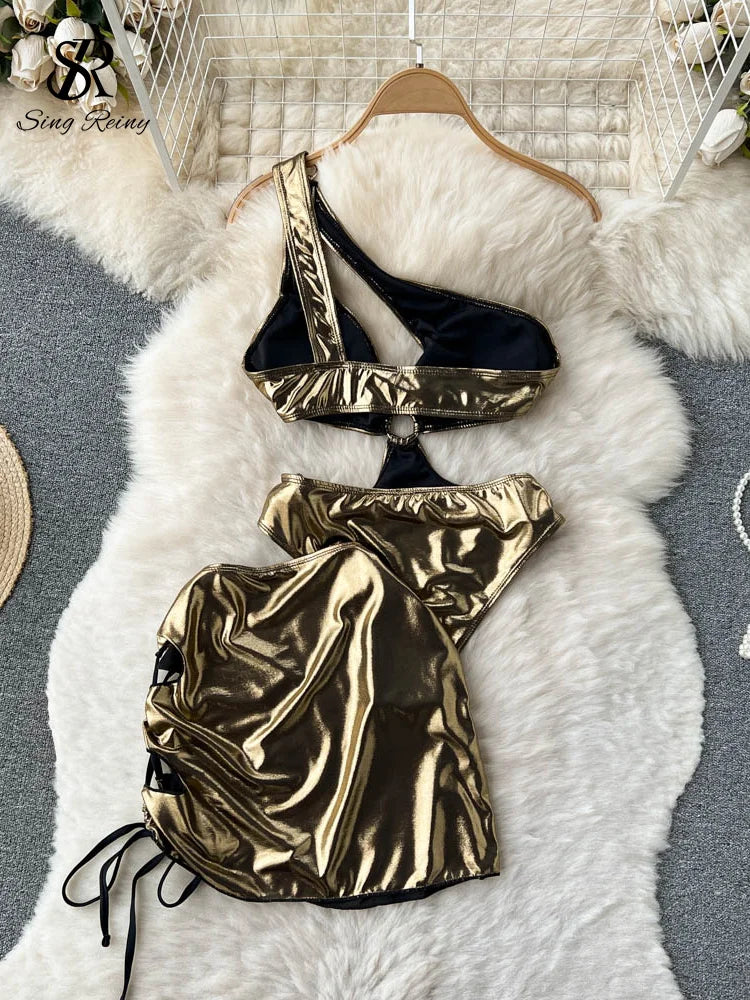 Hollow Out Sexy Women Sets Off Shoulder Halter Bodysuits+Drawstring Sheath Mini Skirt Fashion Summer Two Pieces Suits