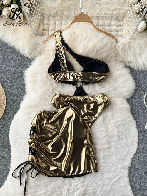 Hollow Out Sexy Women Sets Off Shoulder Halter Bodysuits+Drawstring Sheath Mini Skirt Fashion Summer Two Pieces Suits
