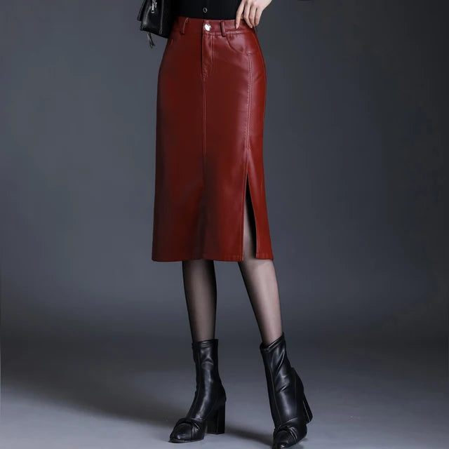 Women Pu Leather Skirt Side Slit Autumn Winter Lady High Waist Wrap Hip Skirt Elegant Office Lady Pencil Skirt