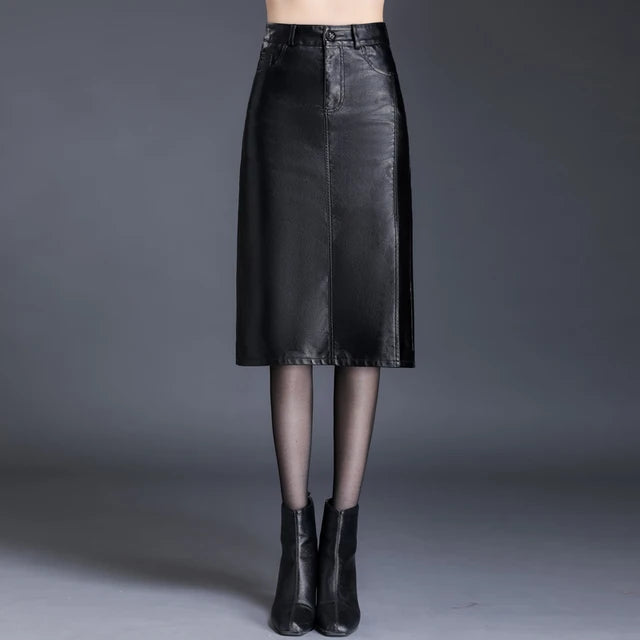 Women Pu Leather Skirt Side Slit Autumn Winter Lady High Waist Wrap Hip Skirt Elegant Office Lady Pencil Skirt