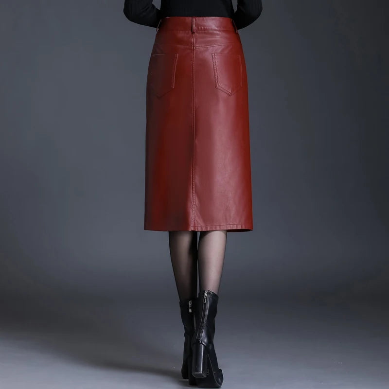 Women Pu Leather Skirt Side Slit Autumn Winter Lady High Waist Wrap Hip Skirt Elegant Office Lady Pencil Skirt