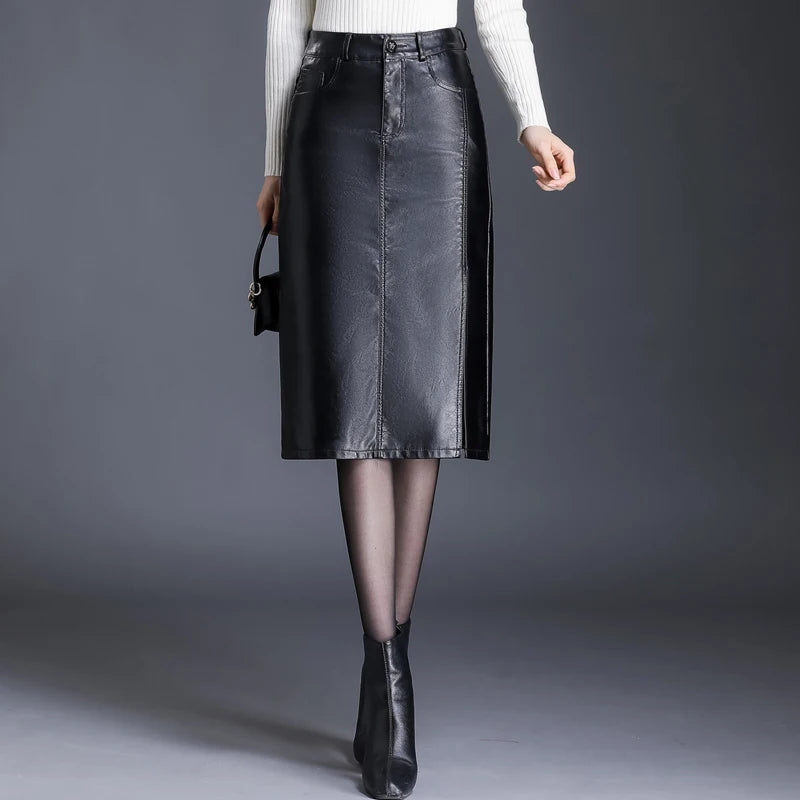 Women Pu Leather Skirt Side Slit Autumn Winter Lady High Waist Wrap Hip Skirt Elegant Office Lady Pencil Skirt