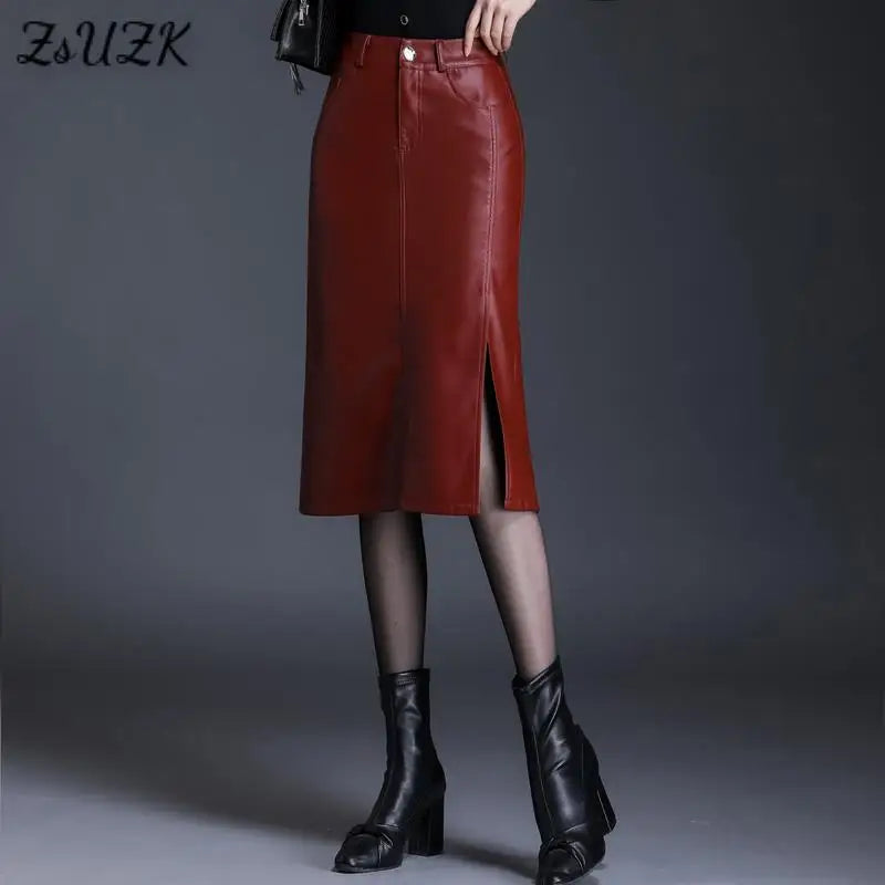 Women Pu Leather Skirt Side Slit Autumn Winter Lady High Waist Wrap Hip Skirt Elegant Office Lady Pencil Skirt