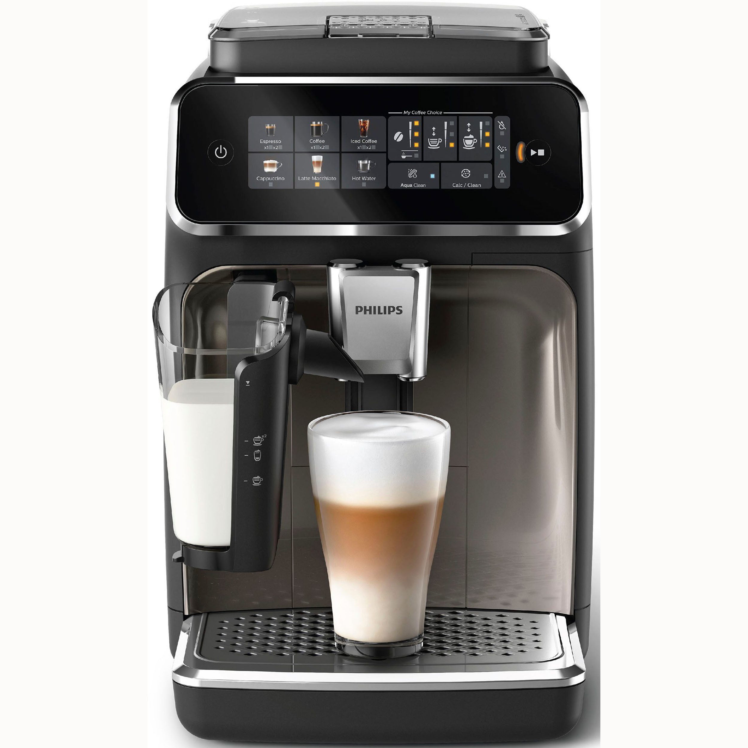 Philips Series 3300 Kaffeevollautomat EP3347/90, 6 Getränke (heiß oder eisgekühlt) LatteGo-Milchsystem, SilentBrew Technologie, Chrom-Schwarz