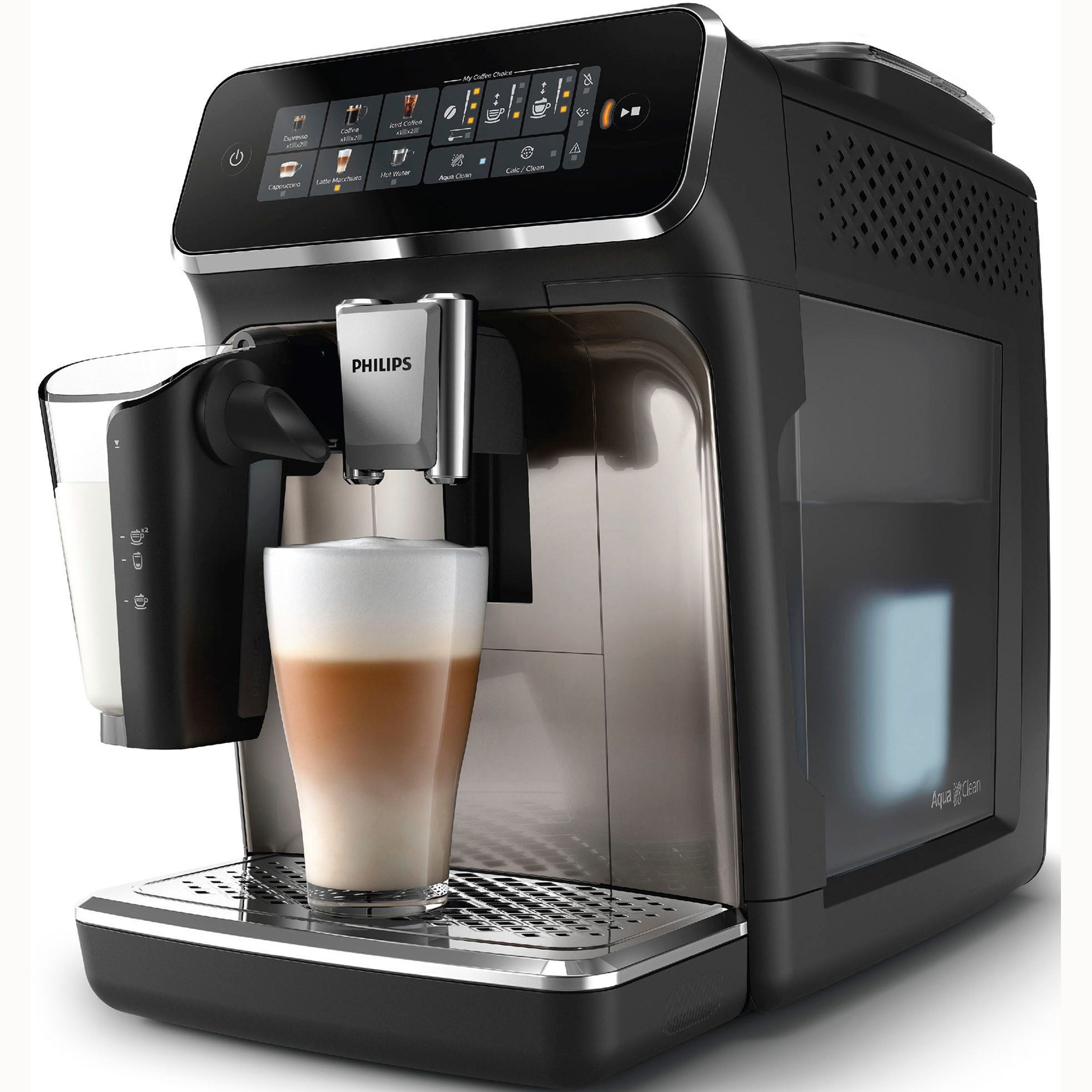 Philips Series 3300 Kaffeevollautomat EP3347/90, 6 Getränke (heiß oder eisgekühlt) LatteGo-Milchsystem, SilentBrew Technologie, Chrom-Schwarz