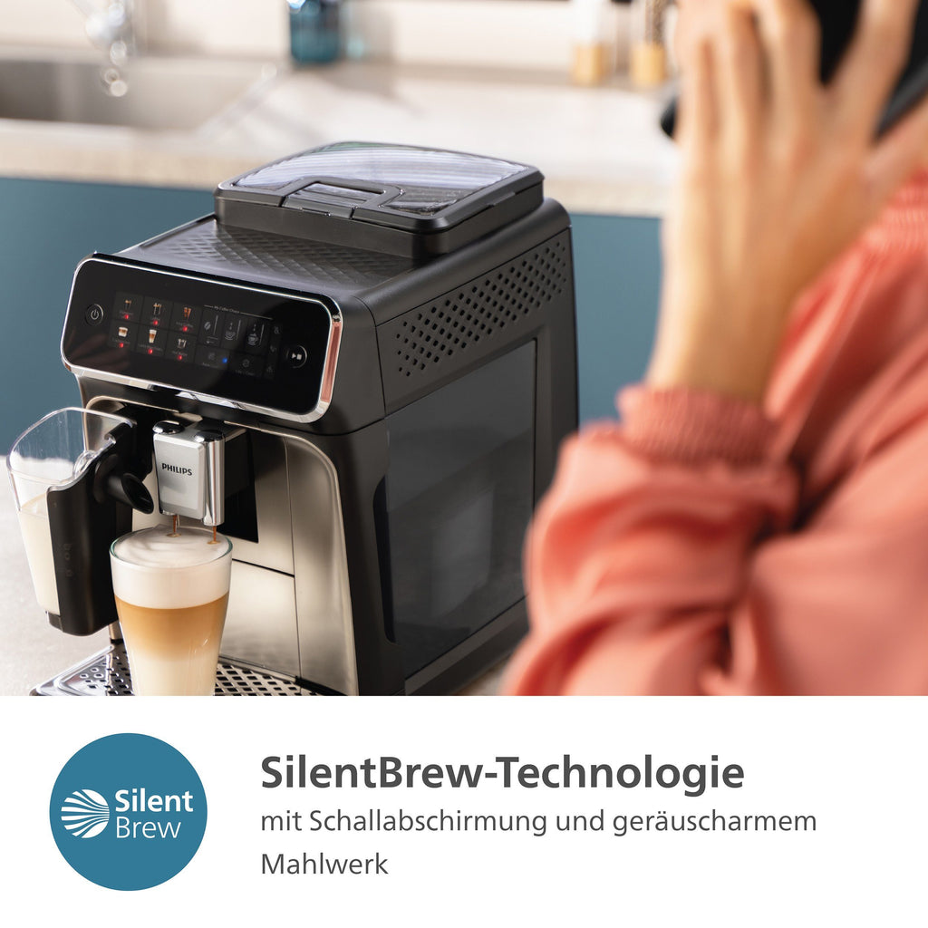 Philips Series 3300 Kaffeevollautomat EP3347/90, 6 Getränke (heiß oder eisgekühlt) LatteGo-Milchsystem, SilentBrew Technologie, Chrom-Schwarz